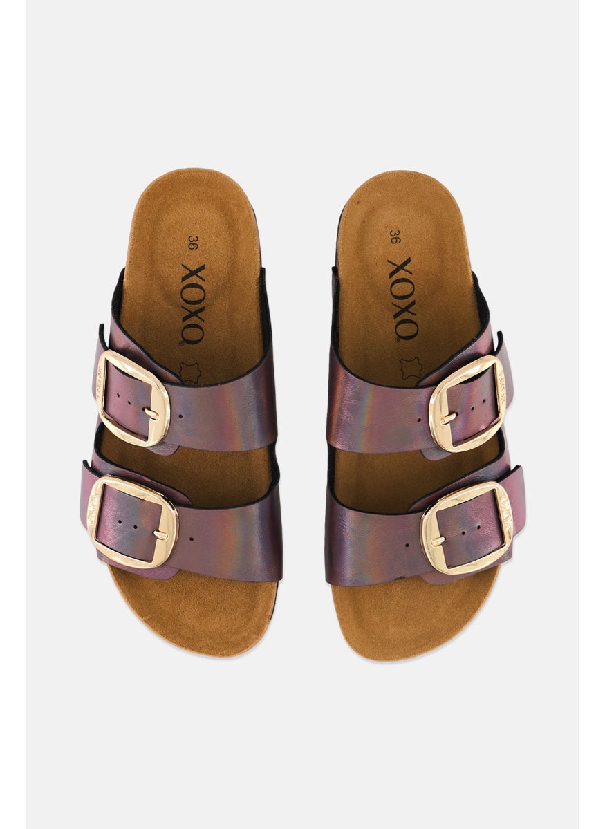 Women Metallic Slip On Cork Sandals, Brown Combo