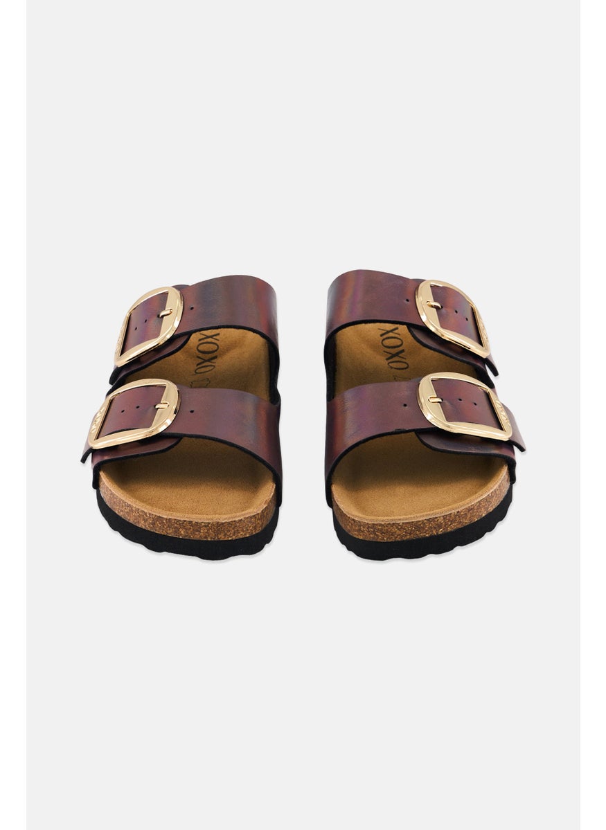 Women Metallic Slip On Cork Sandals, Brown Combo