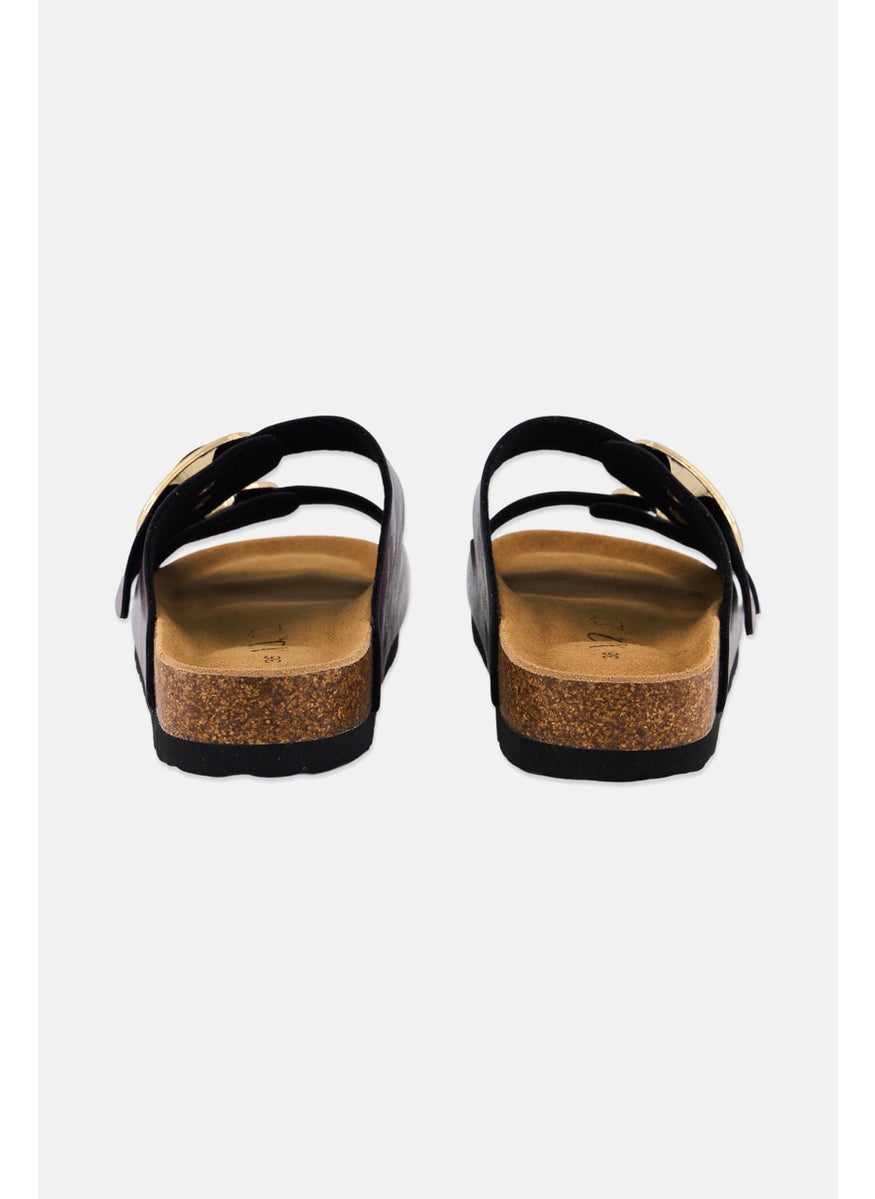 Women Metallic Slip On Cork Sandals, Brown Combo