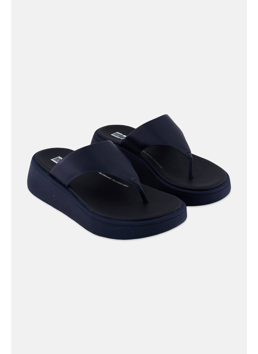 Women F-Mode Leather Flatform Toe-Post Slip On Sandals, Navy