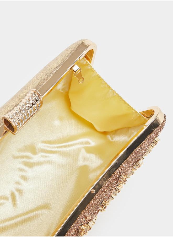 Textured Embellished Clutch with Chain Strap