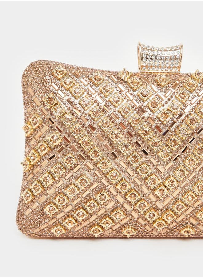 Textured Embellished Clutch with Chain Strap