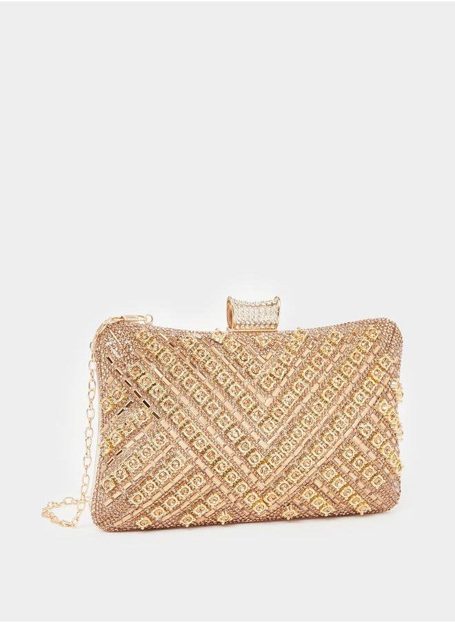 Textured Embellished Clutch with Chain Strap