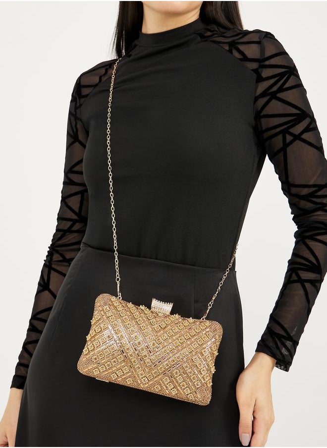 Textured Embellished Clutch with Chain Strap