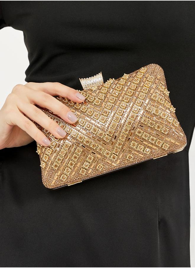 Textured Embellished Clutch with Chain Strap