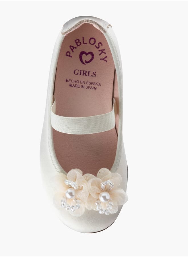 Girls' Floral Accent Slip-On Ballerina Shoes with Elastic Strap