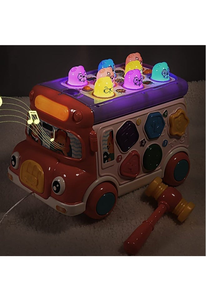 C ute Stone Push Pull Bus Toy, Baby Musical Learning Toys with Sound  Light, Whack a Mole Game, Shape Matching, Gear, Toy Clock, Activity Bus Toy Early Education Gift for Toddler Boys Girls