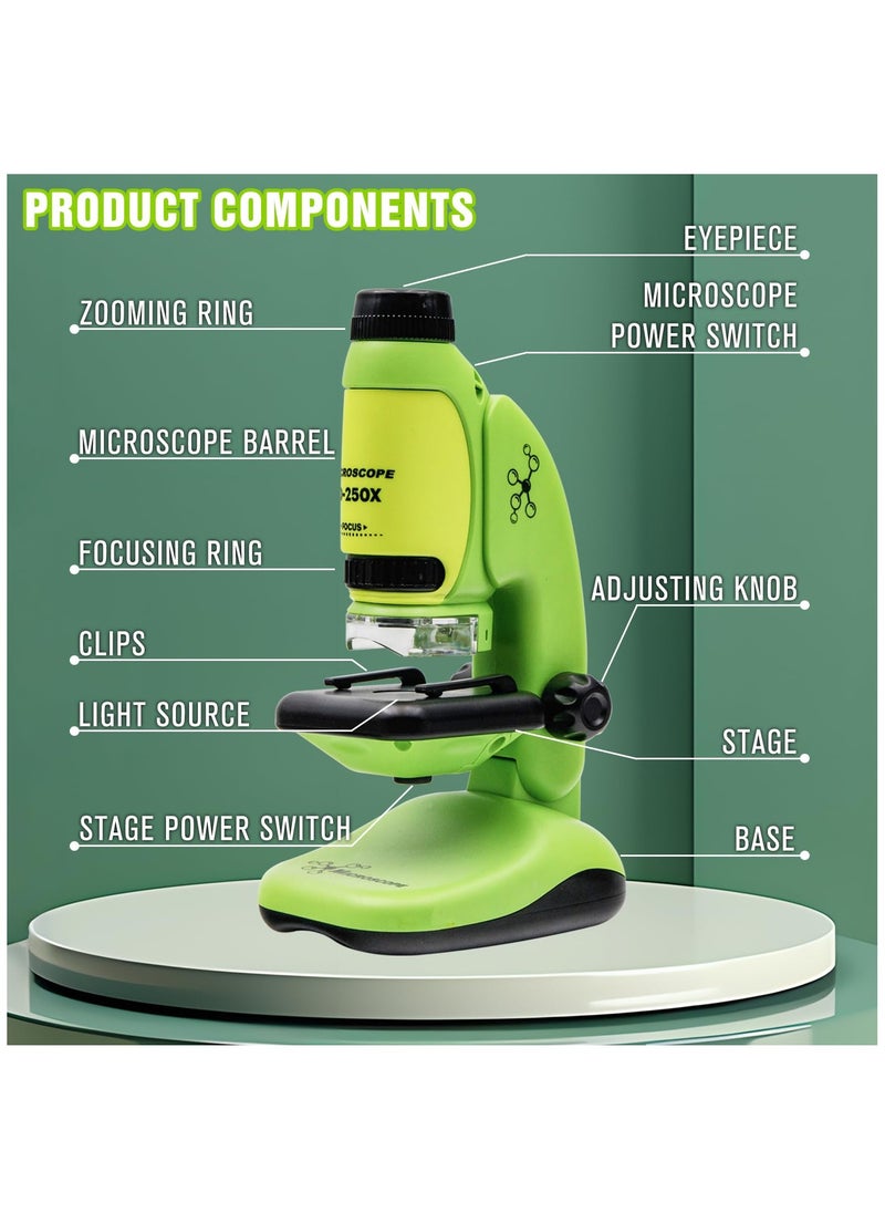 2 in 1 Microscope for Kids with Detachable Mini Pocket Microscope 50X-250X Slides Specimens & Colorful LED Light Experiments Educational Toys STEM for Kids Student Ages 8+ Boys Girl Gifts