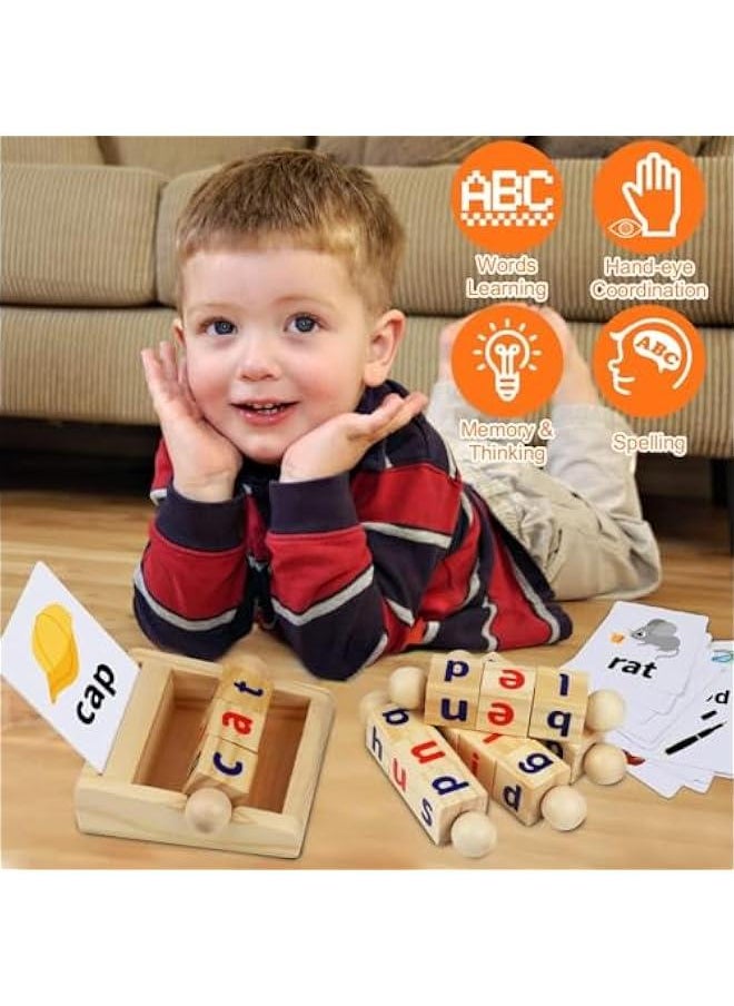 Montessori Toys for Toddlers 2 3 4 Years Old Wooden Reading Blocks Flash Cards Rotating Matching Letters Toy for Kids Educational Alphabet Learning Toys for Preschool Boys Girls
