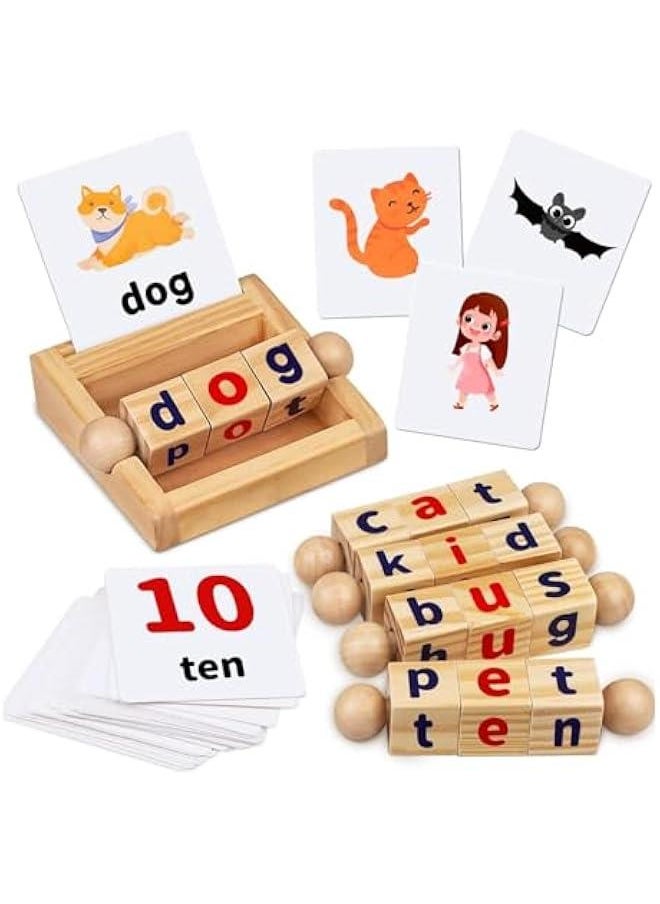 Montessori Toys for Toddlers 2 3 4 Years Old Wooden Reading Blocks Flash Cards Rotating Matching Letters Toy for Kids Educational Alphabet Learning Toys for Preschool Boys Girls