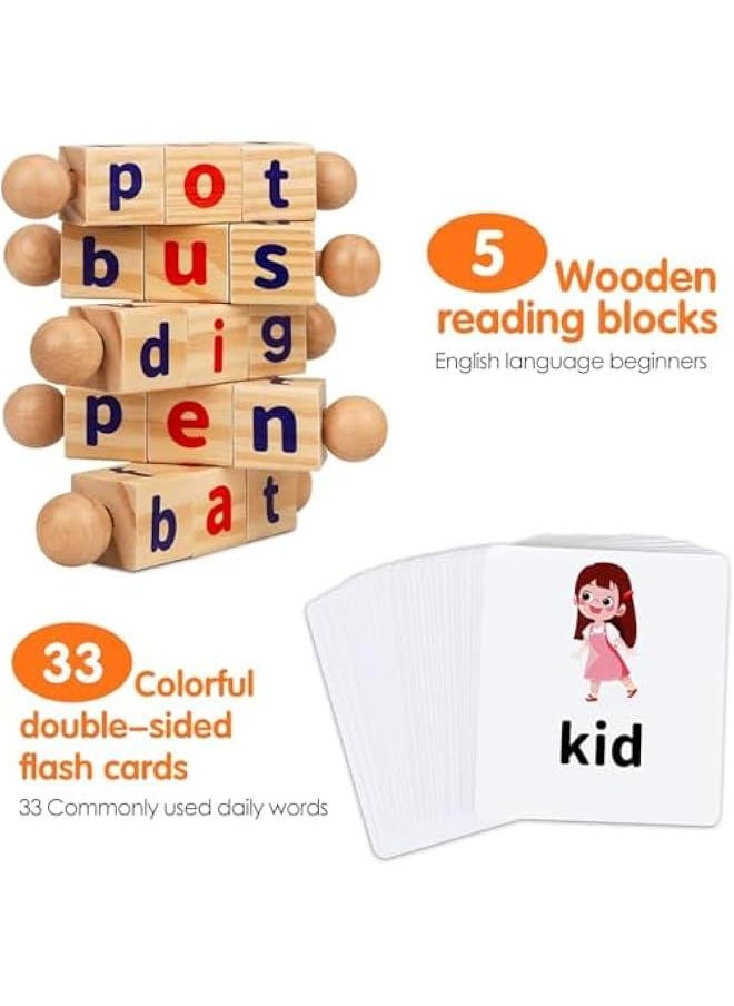 Montessori Toys for Toddlers 2 3 4 Years Old Wooden Reading Blocks Flash Cards Rotating Matching Letters Toy for Kids Educational Alphabet Learning Toys for Preschool Boys Girls