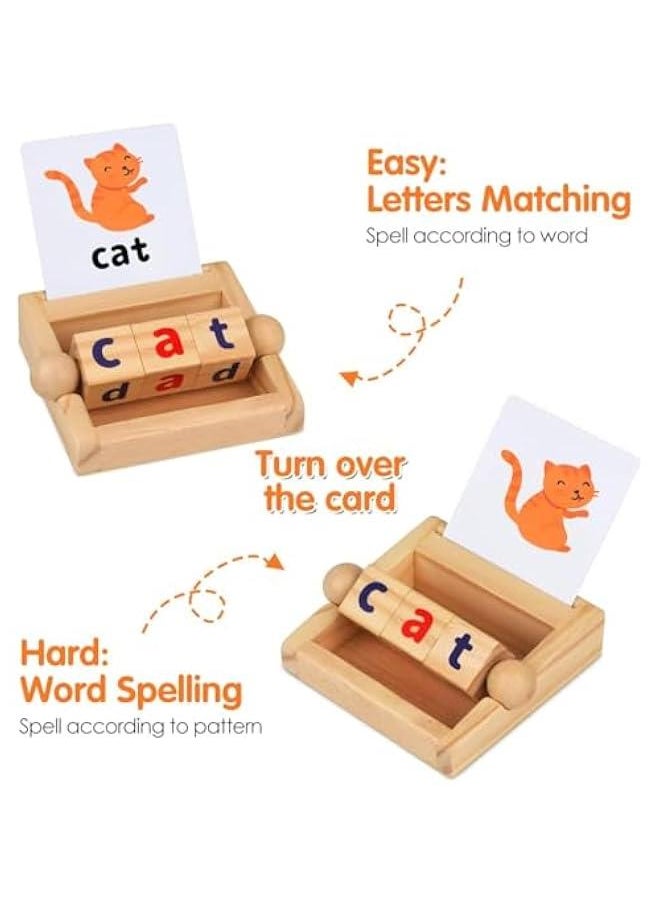 Montessori Toys for Toddlers 2 3 4 Years Old Wooden Reading Blocks Flash Cards Rotating Matching Letters Toy for Kids Educational Alphabet Learning Toys for Preschool Boys Girls