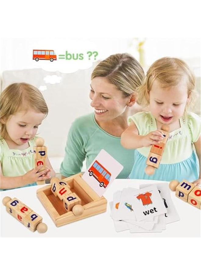 Montessori Toys for Toddlers 2 3 4 Years Old Wooden Reading Blocks Flash Cards Rotating Matching Letters Toy for Kids Educational Alphabet Learning Toys for Preschool Boys Girls
