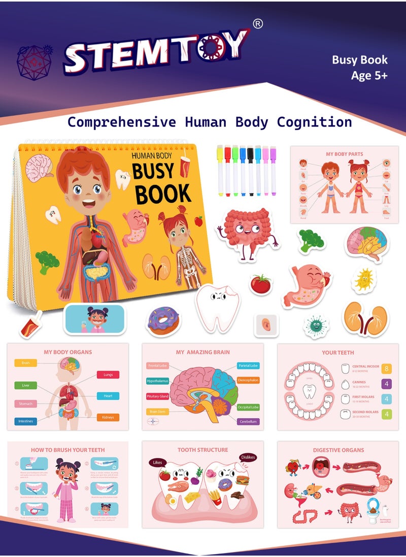 Quiet Book Busy Book for Toddlers, Montessori Homeschool Preschool STEM/ STEAM Educational Toy, Interactive Early Learning Activity, Sensory Cognitive Development Fine Motor Skills, Portable Washable Travel Gift for Babies Kids Boys Girls Ages 3-6 (Human Body Anatomy)