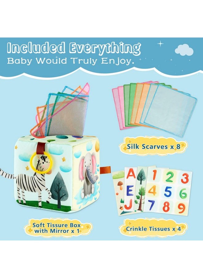 WERNNSAI Baby Tissue Box Toy Soft Montessori Toys for Babies 6-12 Months High Contrast Crinkle Sensory Toys with 4 Crinkle Tissue & 8 Silk Scarves for Newborns Infants Early Learning Gift