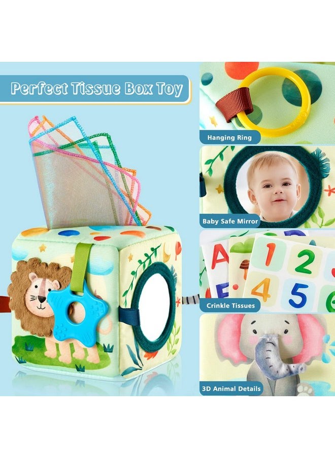 WERNNSAI Baby Tissue Box Toy Soft Montessori Toys for Babies 6-12 Months High Contrast Crinkle Sensory Toys with 4 Crinkle Tissue & 8 Silk Scarves for Newborns Infants Early Learning Gift
