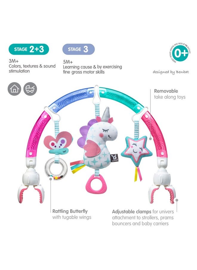 BENBAT Baby Stroller Arch Toy Rainbow Dazzle Friends Play Bar. Fun Newborns Sensory Activity, Adjustable for Bouncers and Car Seat, Unicorn