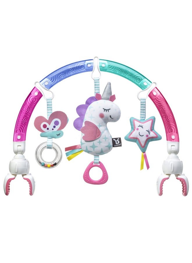 BENBAT Baby Stroller Arch Toy Rainbow Dazzle Friends Play Bar. Fun Newborns Sensory Activity, Adjustable for Bouncers and Car Seat, Unicorn