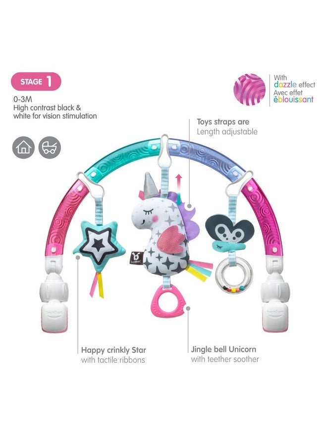 BENBAT Baby Stroller Arch Toy Rainbow Dazzle Friends Play Bar. Fun Newborns Sensory Activity, Adjustable for Bouncers and Car Seat, Unicorn