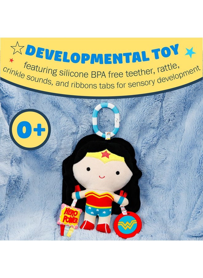 KIDS PREFERRED DC Comics Wonder Woman Multi Sensory Activity Toy with Teethers, Crinkle Textures, and Clip for On The Go Fun for Infant and Baby Boys and Girls Medium