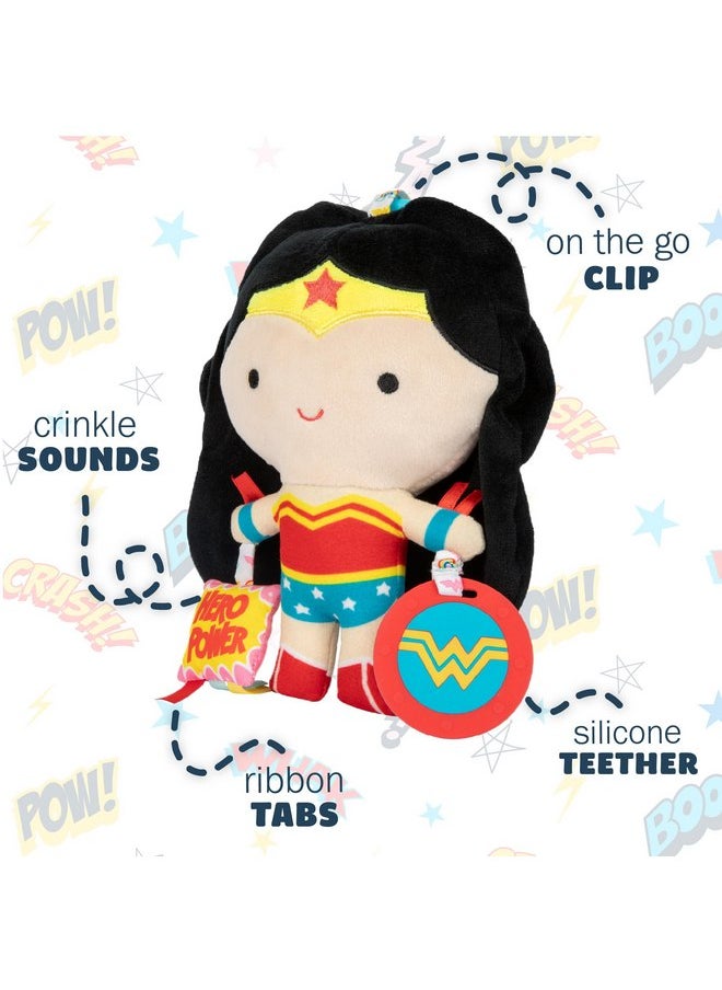 KIDS PREFERRED DC Comics Wonder Woman Multi Sensory Activity Toy with Teethers, Crinkle Textures, and Clip for On The Go Fun for Infant and Baby Boys and Girls Medium