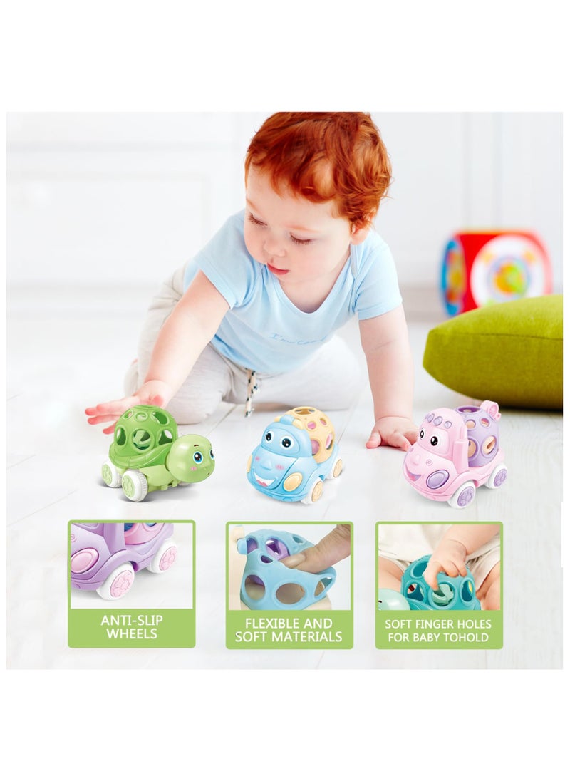 3PCS Baby Toy Car, Rattle & Roll Cars for Toddler Aged 1-3, Push and Go Toys, Soft Rubber Inertia Pull Back Vehicles 6-12 Month Infant, Friction Powered Truck, Baby Boys Girls Preschool Gift