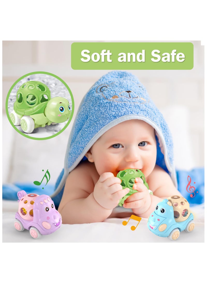 3PCS Baby Toy Car, Rattle & Roll Cars for Toddler Aged 1-3, Push and Go Toys, Soft Rubber Inertia Pull Back Vehicles 6-12 Month Infant, Friction Powered Truck, Baby Boys Girls Preschool Gift