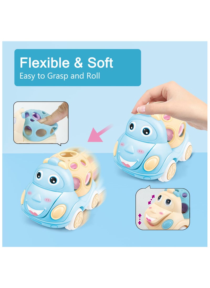 3PCS Baby Toy Car, Rattle & Roll Cars for Toddler Aged 1-3, Push and Go Toys, Soft Rubber Inertia Pull Back Vehicles 6-12 Month Infant, Friction Powered Truck, Baby Boys Girls Preschool Gift