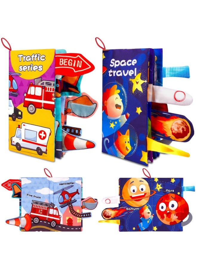 Vicloon Baby Books Toys, 2PCS Baby Books 6 to 12 Months, Touch and Feel Transport and Space Theme Crinkle Cloth Book, Tummy Time Soft Books Toys for Newborn Early Educational Toys
