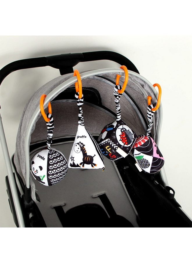 KAKIBLIN Baby Hanging Rattle Toys, 4 Pack Black and White Car Seat Baby Toys Soft Squeaky Stroller Toy for Baby Montessori Sensory Toys 0-12 Months for Newborn Infant, White and Black