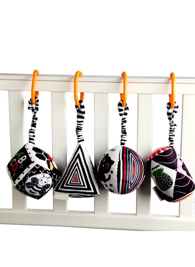 KAKIBLIN Baby Hanging Rattle Toys, 4 Pack Black and White Car Seat Baby Toys Soft Squeaky Stroller Toy for Baby Montessori Sensory Toys 0-12 Months for Newborn Infant, White and Black