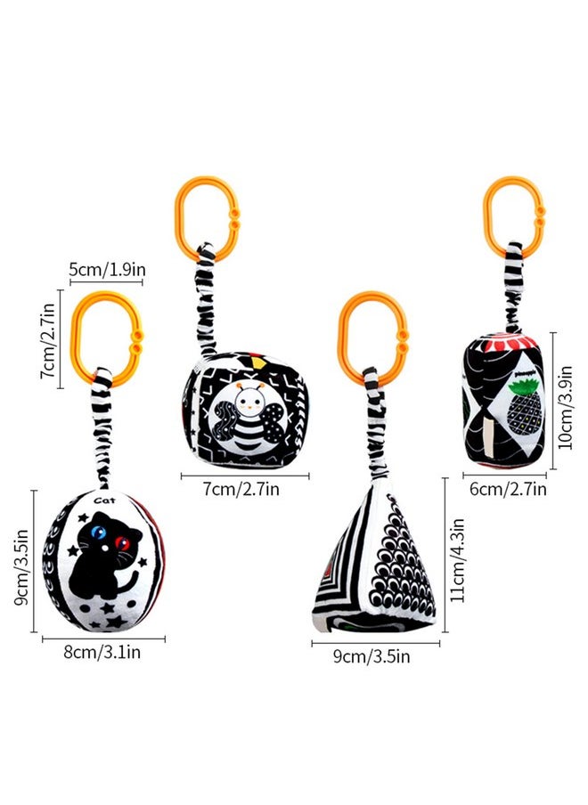 KAKIBLIN Baby Hanging Rattle Toys, 4 Pack Black and White Car Seat Baby Toys Soft Squeaky Stroller Toy for Baby Montessori Sensory Toys 0-12 Months for Newborn Infant, White and Black