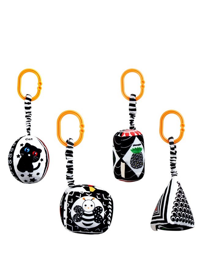 KAKIBLIN Baby Hanging Rattle Toys, 4 Pack Black and White Car Seat Baby Toys Soft Squeaky Stroller Toy for Baby Montessori Sensory Toys 0-12 Months for Newborn Infant, White and Black
