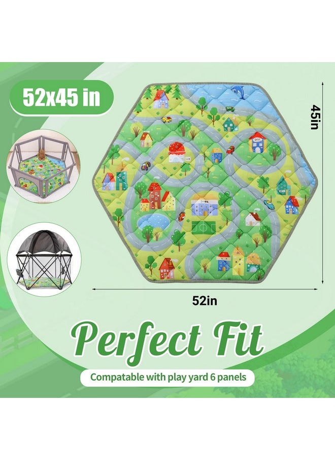 HOMBYS Hexagon Playpen Mat, 52x45 Thicken Soft Playpen Mat Fits Hexagon Portable Play Yard & Playpen, Washable Baby Play Mat Non-Slip Mat for Toddler Kids Crawling & Play, (Road & Car Pattern)