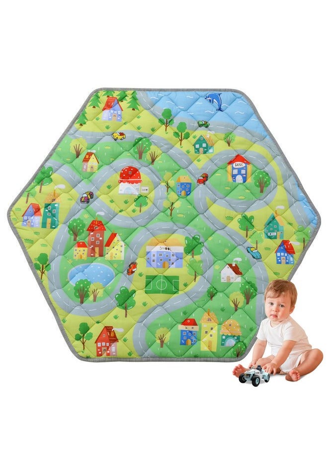 HOMBYS Hexagon Playpen Mat, 52x45 Thicken Soft Playpen Mat Fits Hexagon Portable Play Yard & Playpen, Washable Baby Play Mat Non-Slip Mat for Toddler Kids Crawling & Play, (Road & Car Pattern)