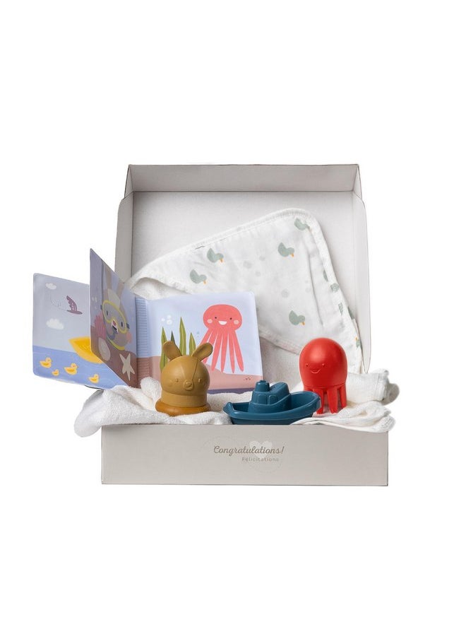 Taf Toys Bath Time Kit for Babies - Including Bath Book, Cotton Hooded Towel, Squeaking Bath Toys, Boat Toy - with 5-Piece Newborn Essentials, Baby Boy Bath Gift Set Baptism Gifts