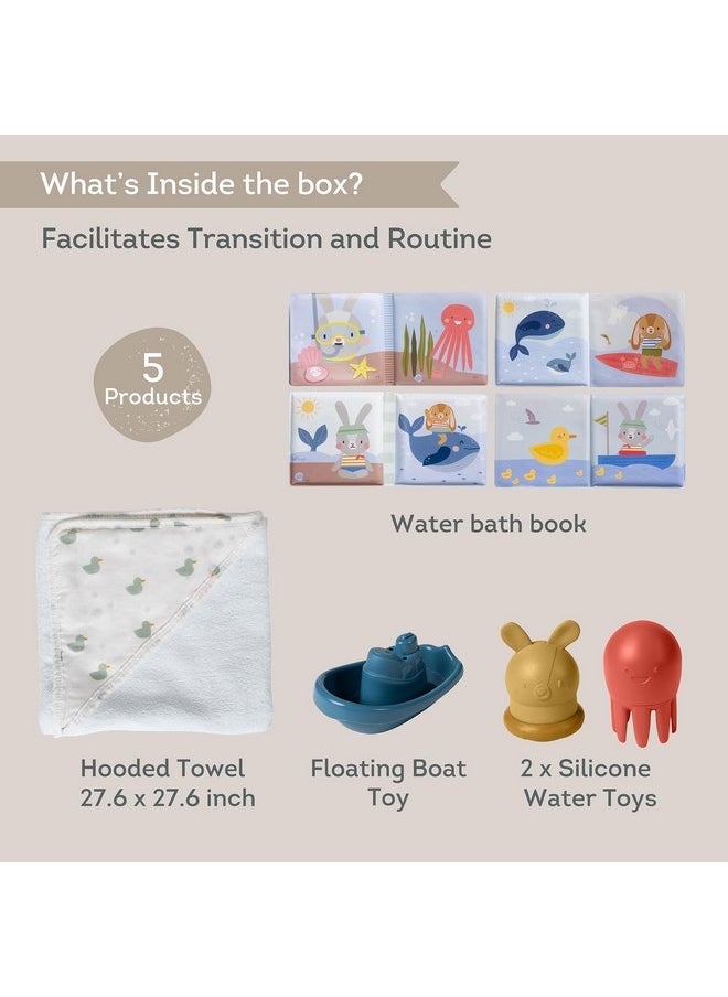 Taf Toys Bath Time Kit for Babies - Including Bath Book, Cotton Hooded Towel, Squeaking Bath Toys, Boat Toy - with 5-Piece Newborn Essentials, Baby Boy Bath Gift Set Baptism Gifts