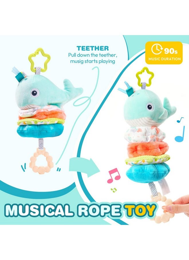 Jollybaby Baby Musical Pull String Hanging Toy for Stroller Car Seat Crib Play Gym, Plush Stuffed Whale Toy for Carseat with Music Teether Crinkle Paper, Sensory Toy for 0-6-12-18 Months Baby Gift