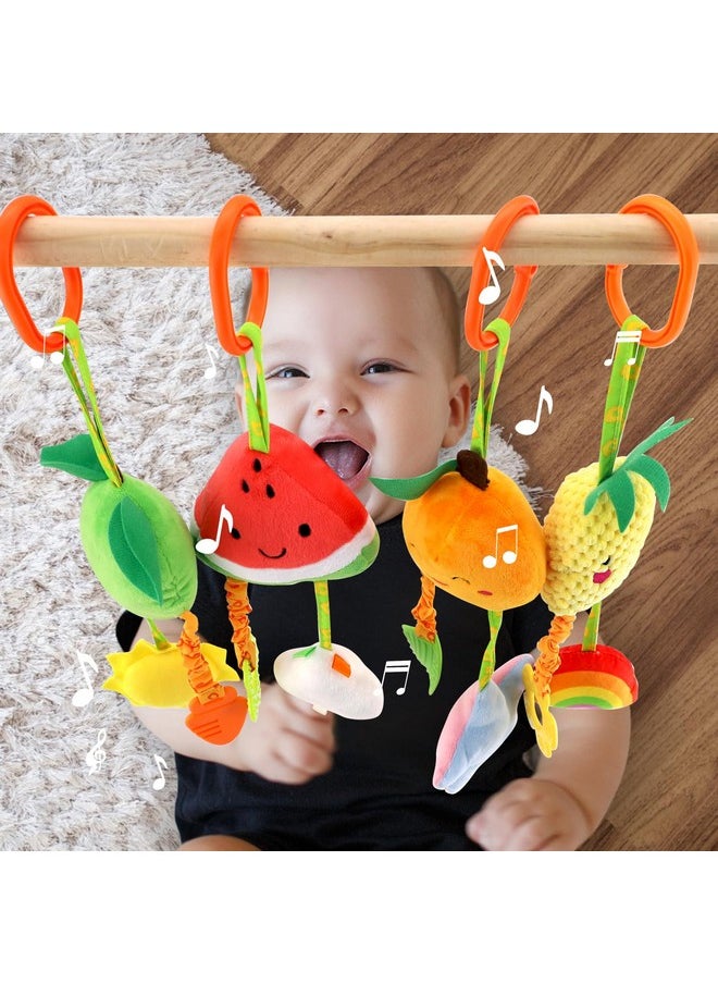 Baby Hanging Rattle Toys, 4 Pack Car Seat Stroller Toys Soft Squeaky Toys For Baby Newborn Infant Car Bed Crib Travel Activity, Fruits-A
