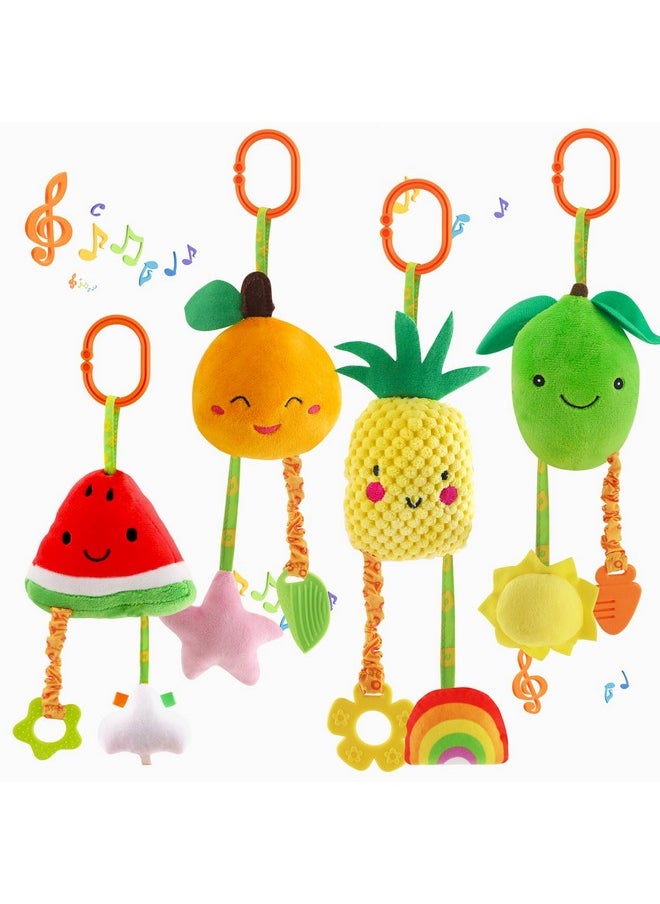 Baby Hanging Rattle Toys, 4 Pack Car Seat Stroller Toys Soft Squeaky Toys For Baby Newborn Infant Car Bed Crib Travel Activity, Fruits-A
