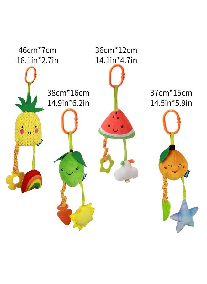 Baby Hanging Rattle Toys, 4 Pack Car Seat Stroller Toys Soft Squeaky Toys For Baby Newborn Infant Car Bed Crib Travel Activity, Fruits-A