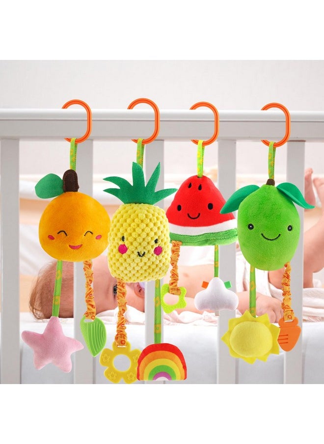 Baby Hanging Rattle Toys, 4 Pack Car Seat Stroller Toys Soft Squeaky Toys For Baby Newborn Infant Car Bed Crib Travel Activity, Fruits-A