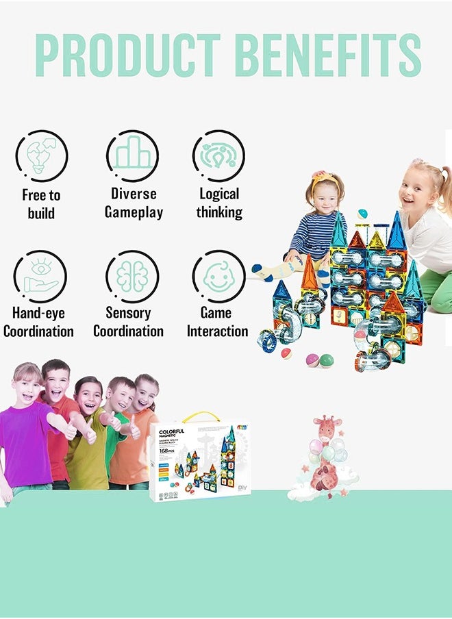 168 Piece Magnetic Pipeline Building Blocks Set, Educational 3D Construction Toy, Durable and Safe STEM Learning and Sensory Play for Kids