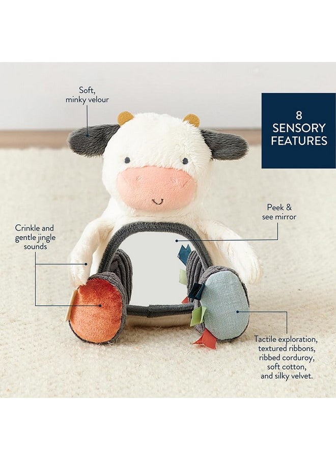 Itzy Ritzy Sensory Tummy Time Toy Mirror - Features Crinkle & Jingle Sounds, Multiple Textures and Mirror for Self-Discovery, Infant Toy for Ages 0 Months and Up, Cow