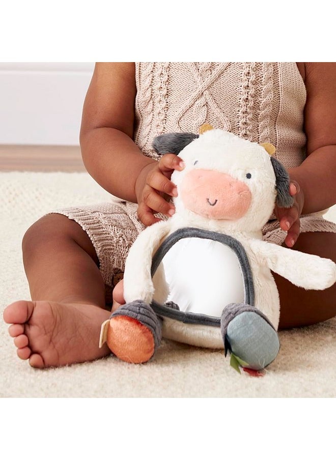 Itzy Ritzy Sensory Tummy Time Toy Mirror - Features Crinkle & Jingle Sounds, Multiple Textures and Mirror for Self-Discovery, Infant Toy for Ages 0 Months and Up, Cow
