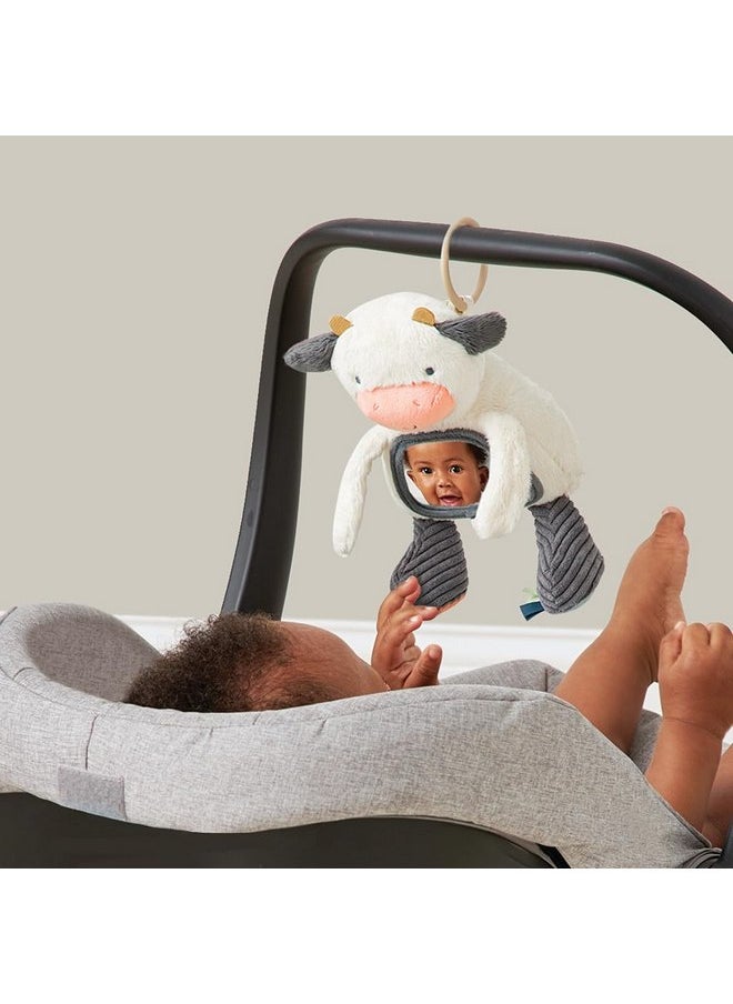 Itzy Ritzy Sensory Tummy Time Toy Mirror - Features Crinkle & Jingle Sounds, Multiple Textures and Mirror for Self-Discovery, Infant Toy for Ages 0 Months and Up, Cow