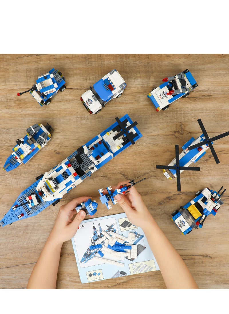 6 in 1 Battleship Building Toy, 1230 Pieces City Police Station Building Kit with Police Car, Patrol Boat, Helicopter, Tank, Construction Toy for Kids Boys Girls