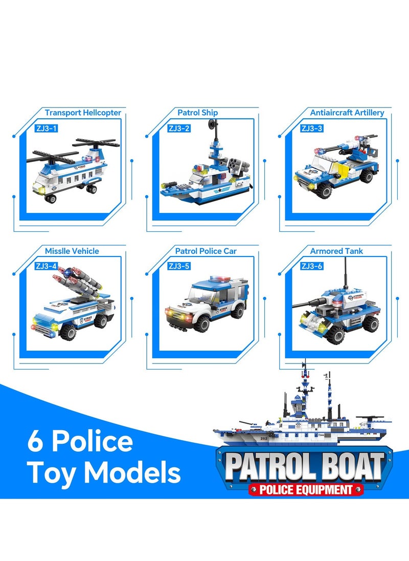 6 in 1 Battleship Building Toy, 1230 Pieces City Police Station Building Kit with Police Car, Patrol Boat, Helicopter, Tank, Construction Toy for Kids Boys Girls
