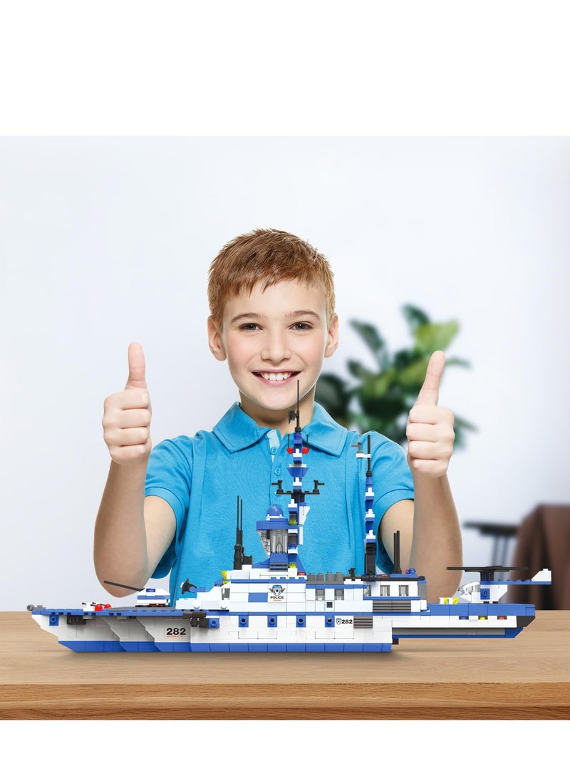 6 in 1 Battleship Building Toy, 1230 Pieces City Police Station Building Kit with Police Car, Patrol Boat, Helicopter, Tank, Construction Toy for Kids Boys Girls