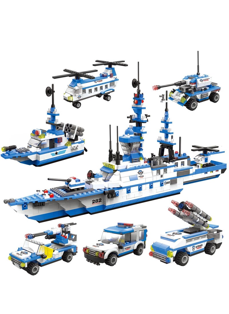 6 in 1 Battleship Building Toy, 1230 Pieces City Police Station Building Kit with Police Car, Patrol Boat, Helicopter, Tank, Construction Toy for Kids Boys Girls